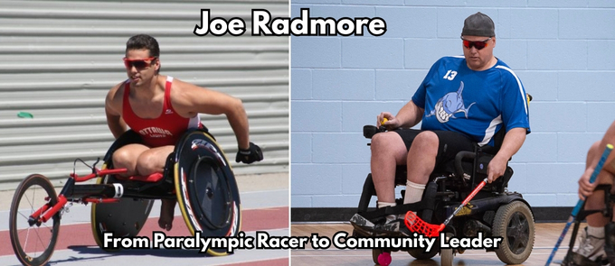Joe Radmore competing in wheelchair racing during his Paralympic career (left) and playing power wheelchair hockey with the Ottawa Power Wheelchair Hockey League today (right).